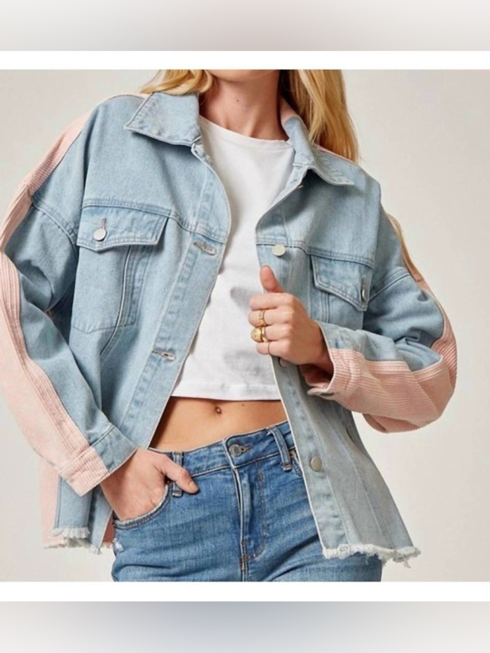 ANDREE BY UNIT Light Blue Denim Jacket with Pink Corduroy Sleeves and Back Sz 2X